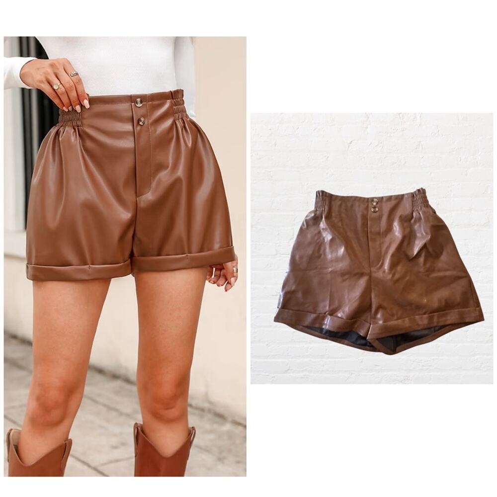 NEW Cupshe Franny High Waist Faux Leather Paperbag Brown Leather Shorts, M